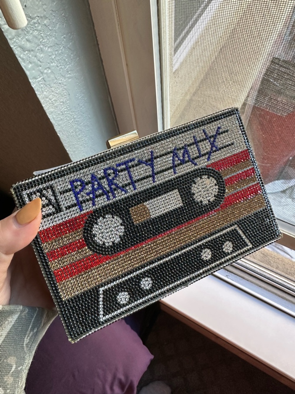 Crystal 'Party Mix' Cassette Clutch Bag in Black and Red